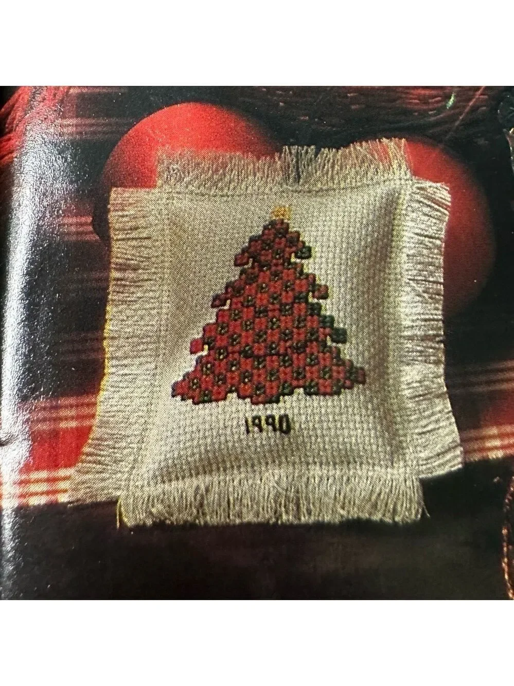 Christmas Tree Counted Cross Stitch, Hand Completed needlework on Aida cloth